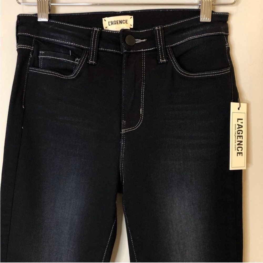 L'Agence Margot High Rise Skinny Jeans Cropped Black White Stitching Size 25
